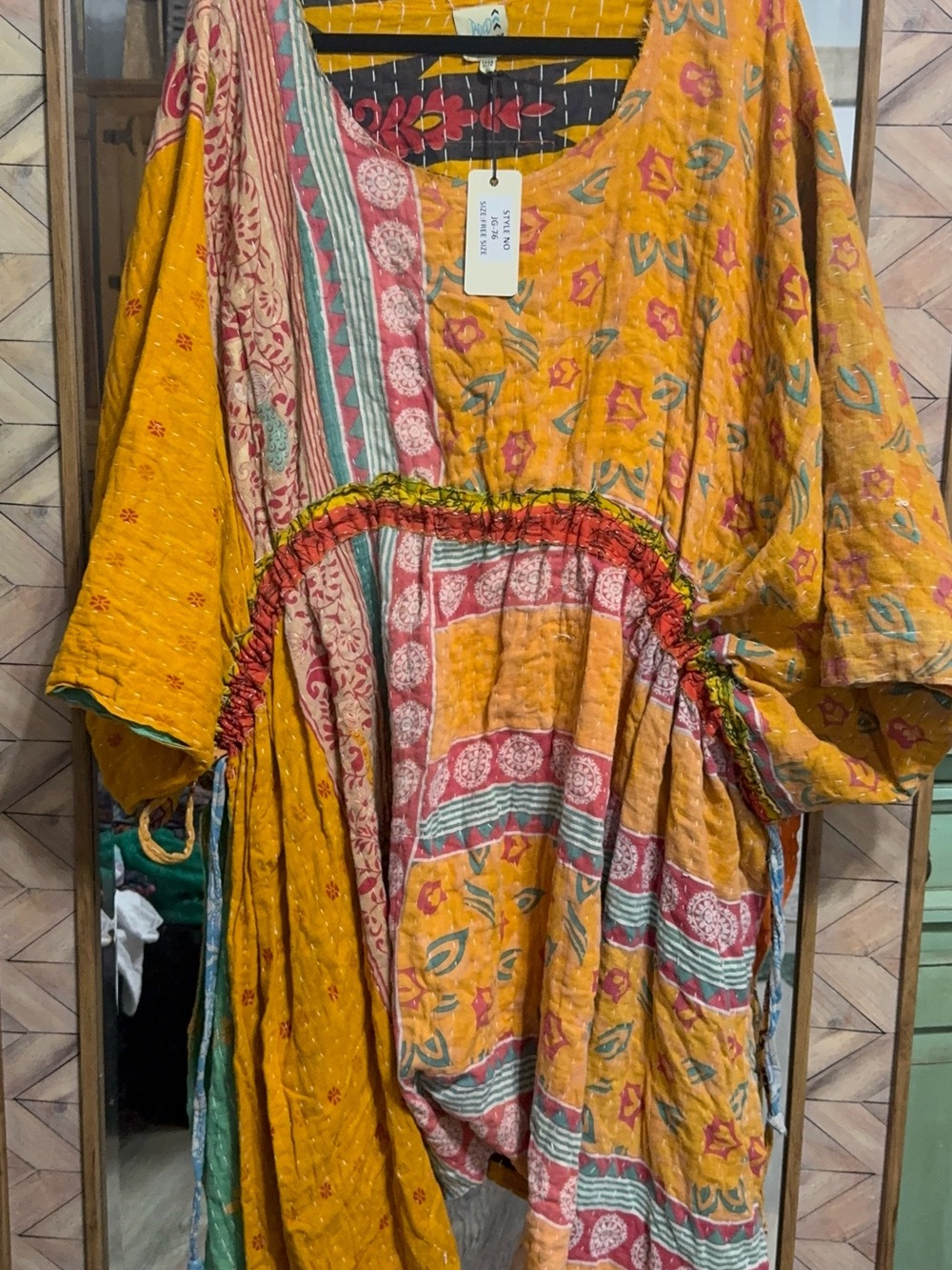 Patchwork Mustard Midi Dress with Gathered Waist